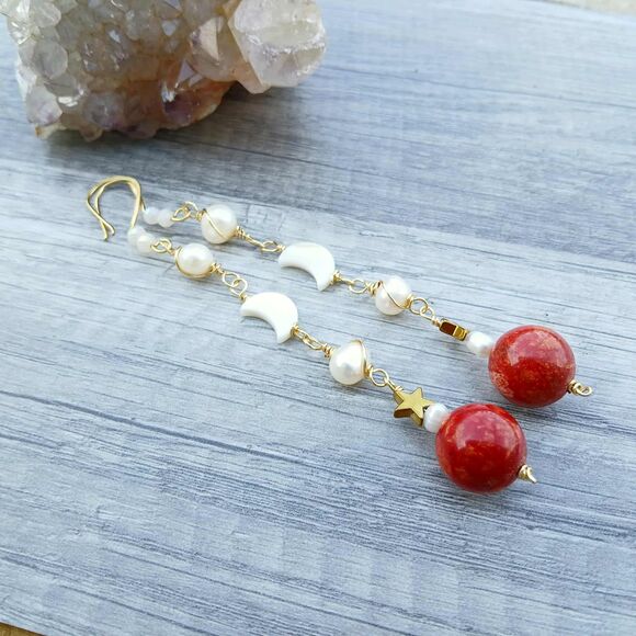 Long Statement Freshwater Pearl, Apple Coral, Seashells, Moons, & Stars Earrings - Picture 8 of 9